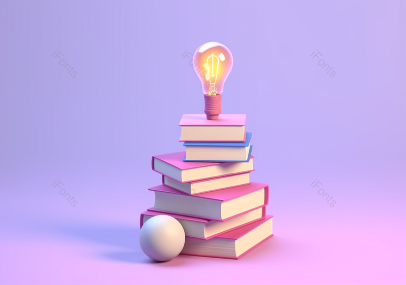 紫色建模插画课本书本七本书灯泡圆球叠加垒砌背景图,插画/手绘图,插画/手绘图库,插画/手绘图下载,插画/手绘